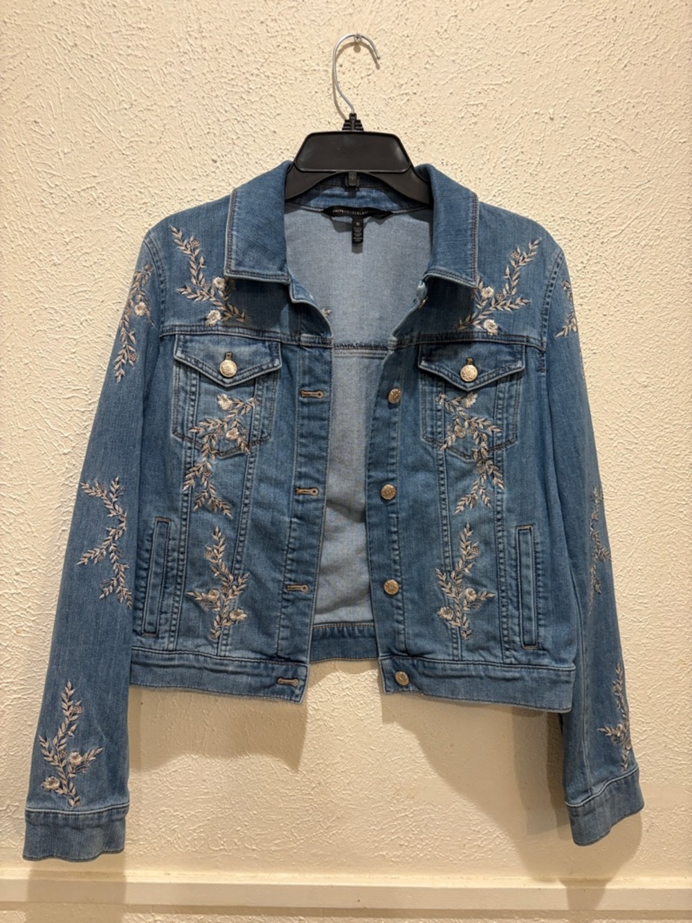 White House Black Market Light Blue Embroidered Denim Jacket